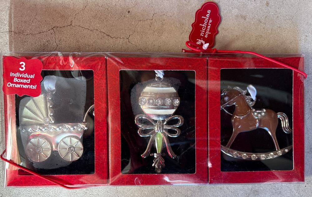 St. Nicholas Square Baby Christmas Ornaments Set Of 3 carriage, rattle, Horse
